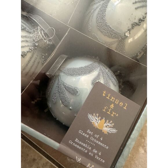 NIB Tinsel & Fir Set Of 4 Glass Ornament Christmas Decoration - Picture 2 of 4
